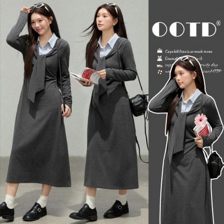 FA56815# 春季新款衬衣拼接假两件披肩收腰遮肉显瘦长裙连衣裙  服裝批發女裝批發服飾貨源