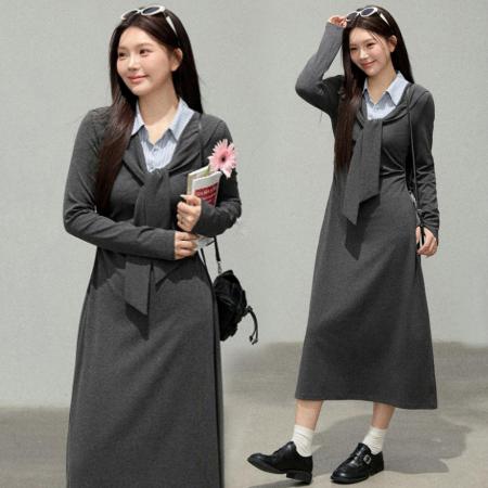 FA56815# 春季新款衬衣拼接假两件披肩收腰遮肉显瘦长裙连衣裙  服裝批發女裝批發服飾貨源