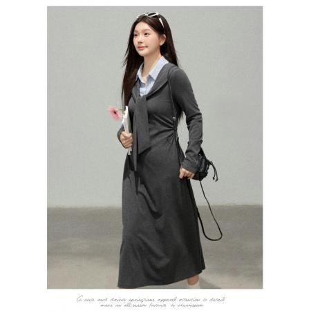 FA56815# 春季新款衬衣拼接假两件披肩收腰遮肉显瘦长裙连衣裙  服裝批發女裝批發服飾貨源