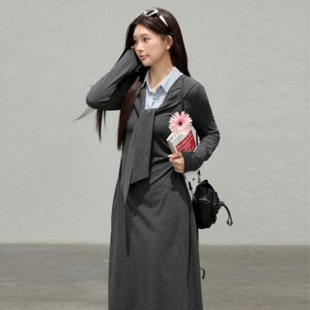 FA56815# 春季新款衬衣拼接假两件披肩收腰遮肉显瘦长裙连衣裙  服裝批發女裝批發服飾貨源