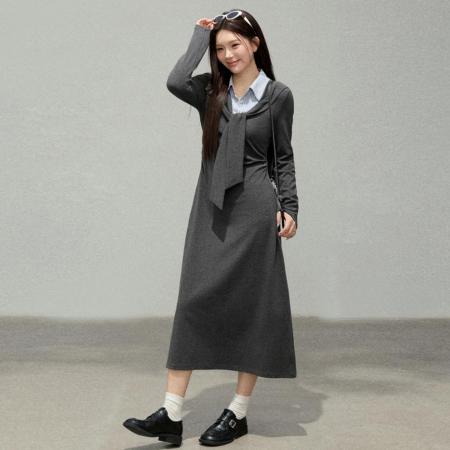 FA56815# 春季新款衬衣拼接假两件披肩收腰遮肉显瘦长裙连衣裙  服裝批發女裝批發服飾貨源