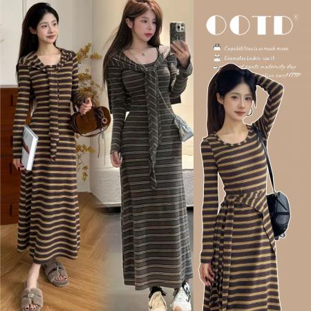 FA56816# 春季新款条纹披肩收腰遮肉显瘦长裙连衣裙两件套  服裝批發女裝批發服飾貨源