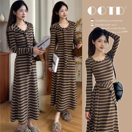 FA56816# 春季新款条纹披肩收腰遮肉显瘦长裙连衣裙两件套  服裝批發女裝批發服飾貨源