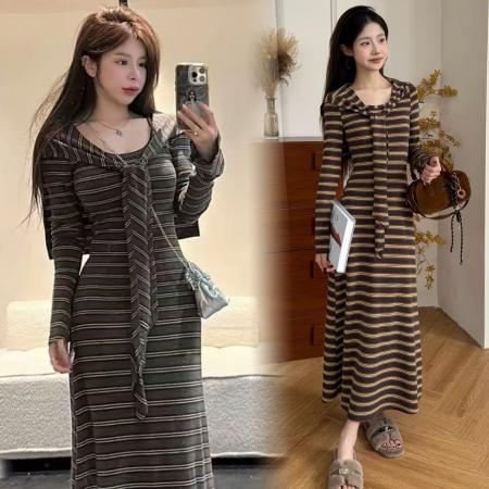 FA56816# 春季新款条纹披肩收腰遮肉显瘦长裙连衣裙两件套  服裝批發女裝批發服飾貨源