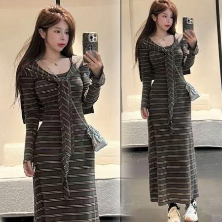 FA56816# 春季新款条纹披肩收腰遮肉显瘦长裙连衣裙两件套  服裝批發女裝批發服飾貨源