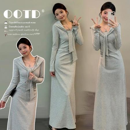 FA56817# 春季新款条纹假两件披肩收腰遮肉显瘦长裙连衣裙  服裝批發女裝批發服飾貨源