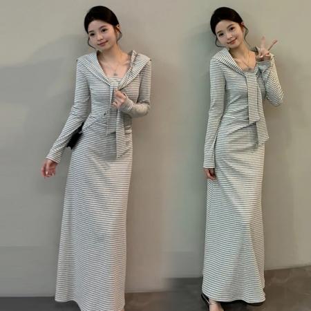 FA56817# 春季新款条纹假两件披肩收腰遮肉显瘦长裙连衣裙  服裝批發女裝批發服飾貨源