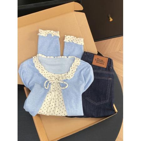 FA56821# 假两件木耳花边长袖T恤女新款波点打底衫外穿上衣  服裝批發女裝批發服飾貨源