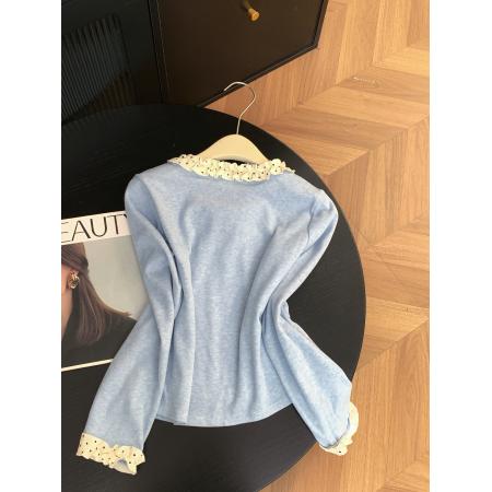 FA56821# 假两件木耳花边长袖T恤女新款波点打底衫外穿上衣  服裝批發女裝批發服飾貨源