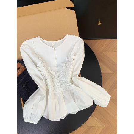 FA56823# 设计感蕾丝拼接减龄衬衫春季清爽小个子温柔上衣  服裝批發女裝批發服飾貨源