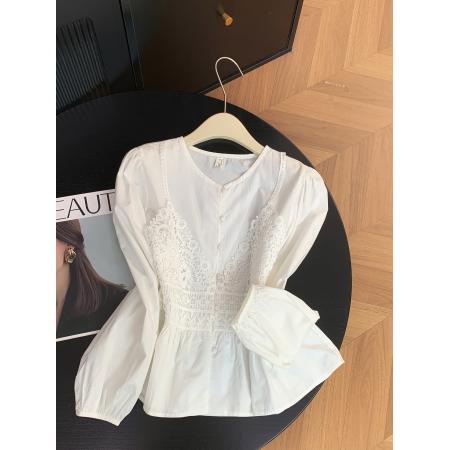 FA56823# 设计感蕾丝拼接减龄衬衫春季清爽小个子温柔上衣  服裝批發女裝批發服飾貨源