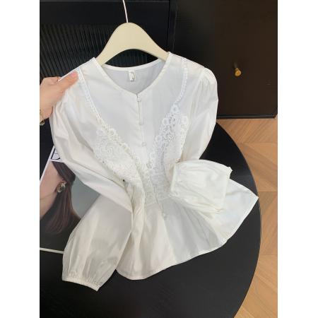 FA56823# 设计感蕾丝拼接减龄衬衫春季清爽小个子温柔上衣  服裝批發女裝批發服飾貨源