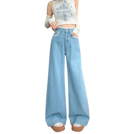 FA56824# 蕾丝花边阔腿牛仔裤女春夏季新款爆款高腰格子直筒拖地裤  服裝批發女裝批發服飾貨源