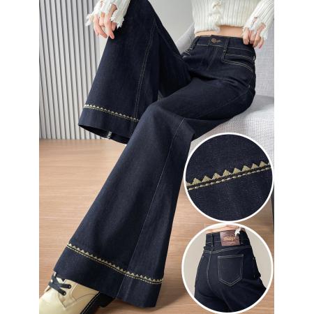 FA56826# 加绒黑金蓝牛仔裤女春季秋冬爆款宽版不贴腿阔腿大喇叭裤  服裝批發女裝批發服飾貨源