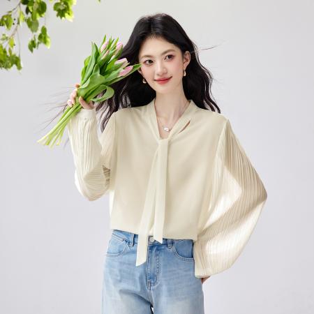 FA56830# 春季新款风琴百褶袖雪纺衬衫垂感不易皱通勤飘带上衣  服裝批發女裝批發服飾貨源