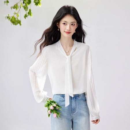 FA56830# 春季新款风琴百褶袖雪纺衬衫垂感不易皱通勤飘带上衣  服裝批發女裝批發服飾貨源