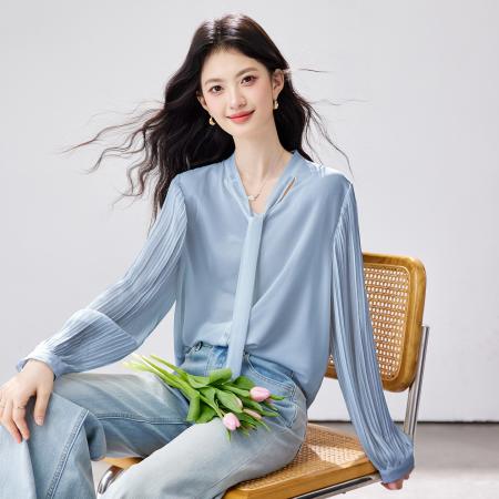 FA56830# 春季新款风琴百褶袖雪纺衬衫垂感不易皱通勤飘带上衣  服裝批發女裝批發服飾貨源