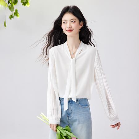 FA56830# 春季新款风琴百褶袖雪纺衬衫垂感不易皱通勤飘带上衣  服裝批發女裝批發服飾貨源