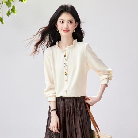 FA56831# 法式木耳边立领长袖衬衫春季新款正肩刺绣衬衣内搭上衣  服裝批發女裝批發服飾貨源