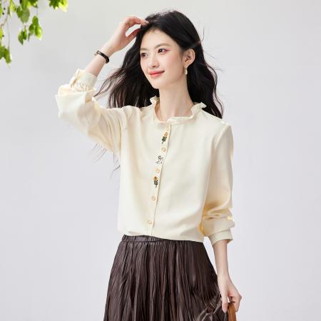 FA56831# 法式木耳边立领长袖衬衫春季新款正肩刺绣衬衣内搭上衣  服裝批發女裝批發服飾貨源