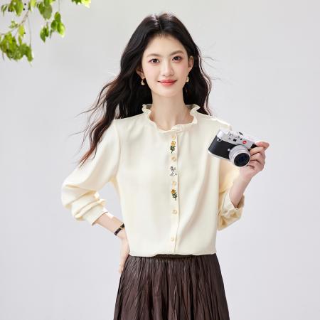 FA56831# 法式木耳边立领长袖衬衫春季新款正肩刺绣衬衣内搭上衣  服裝批發女裝批發服飾貨源