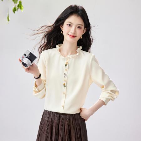 FA56831# 法式木耳边立领长袖衬衫春季新款正肩刺绣衬衣内搭上衣  服裝批發女裝批發服飾貨源