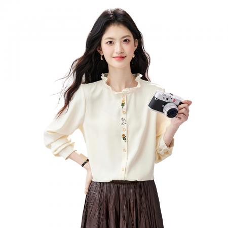 FA56831# 法式木耳边立领长袖衬衫春季新款正肩刺绣衬衣内搭上衣  服裝批發女裝批發服飾貨源