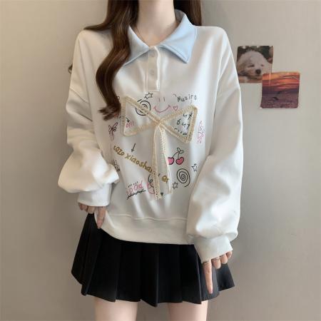 FA56832# 大码胖MM春季新款蝴蝶结印花卫衣女polo领学院风上衣  服裝批發女裝批發服飾貨源