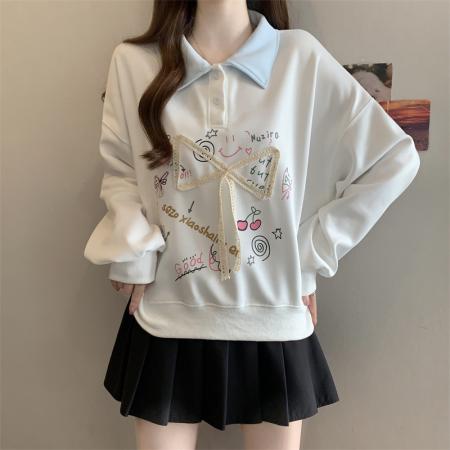 FA56832# 大码胖MM春季新款蝴蝶结印花卫衣女polo领学院风上衣  服裝批發女裝批發服飾貨源