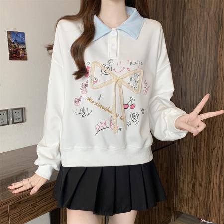 FA56832# 大码胖MM春季新款蝴蝶结印花卫衣女polo领学院风上衣  服裝批發女裝批發服飾貨源