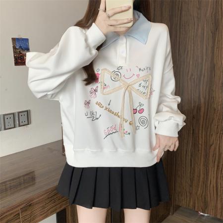 FA56832# 大码胖MM春季新款蝴蝶结印花卫衣女polo领学院风上衣  服裝批發女裝批發服飾貨源