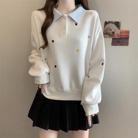 FA56833# 大码胖MM春季新款学院风拼色POLO领绣花卫衣女减龄上衣  服裝批發女裝批發服飾貨源