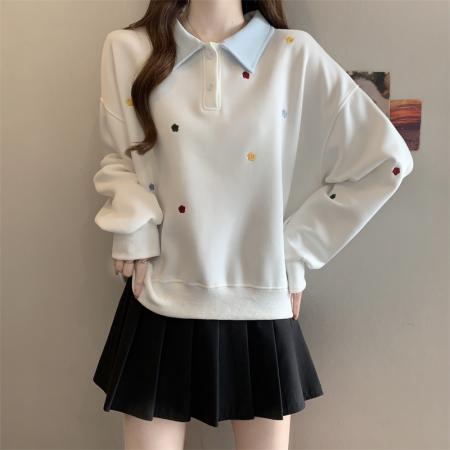 FA56833# 大码胖MM春季新款学院风拼色POLO领绣花卫衣女减龄上衣  服裝批發女裝批發服飾貨源
