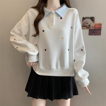 FA56833# 大码胖MM春季新款学院风拼色POLO领绣花卫衣女减龄上衣  服裝批發女裝批發服飾貨源