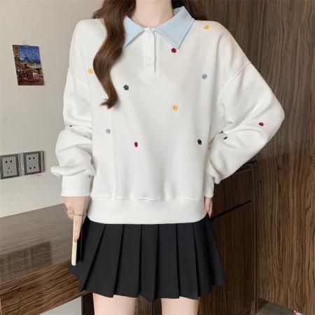 FA56833# 大码胖MM春季新款学院风拼色POLO领绣花卫衣女减龄上衣  服裝批發女裝批發服飾貨源