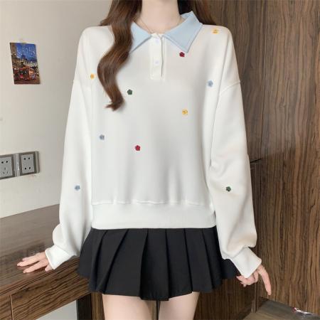 FA56833# 大码胖MM春季新款学院风拼色POLO领绣花卫衣女减龄上衣  服裝批發女裝批發服飾貨源