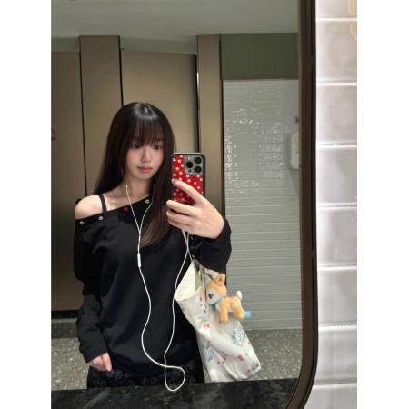 FA56834# 原版纽扣后包领斜肩一字领宽松长袖t恤女  服裝批發女裝批發服飾貨源