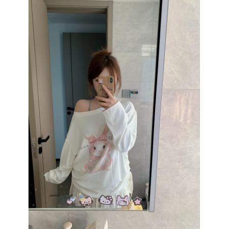 FA56835# 后包领性感斜肩一字领+抽绳露肩宽松长袖t恤女  服裝批發女裝批發服飾貨源