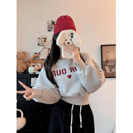 FA56836# 曼巴棉圆领后包领CVC罗口短款收腰圆领印花卫衣女  服裝批發女裝批發服飾貨源