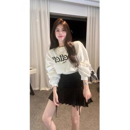 FA56837# 曼巴棉圆领后包领CVC罗口短款收腰圆领印花卫衣女  服裝批發女裝批發服飾貨源