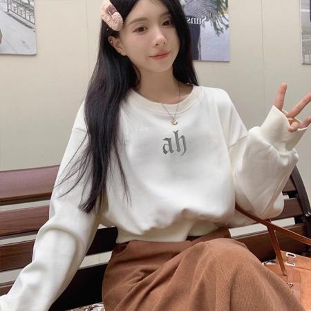 FA56838# 曼巴棉圆领后包领CVC罗口短款收腰圆领印花卫衣女  服裝批發女裝批發服飾貨源