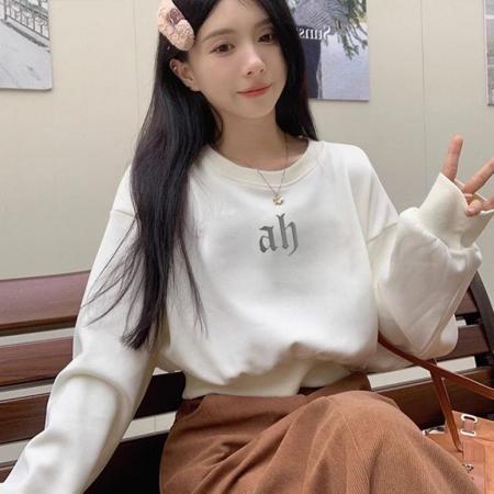 FA56838# 曼巴棉圆领后包领CVC罗口短款收腰圆领印花卫衣女  服裝批發女裝批發服飾貨源