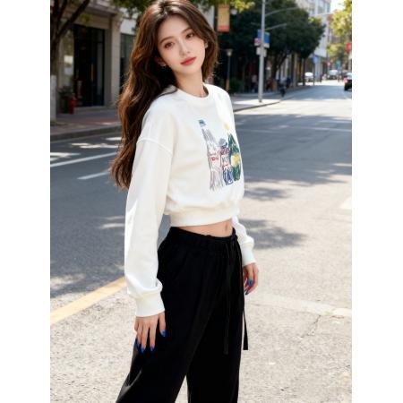 FA56841# 曼巴棉圆领后包领CVC罗口短款收腰圆领印花卫衣女  服裝批發女裝批發服飾貨源