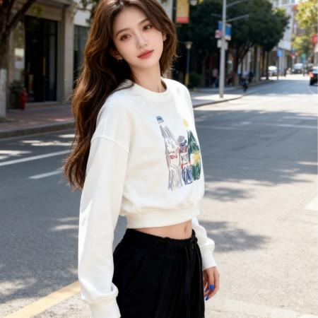 FA56841# 曼巴棉圆领后包领CVC罗口短款收腰圆领印花卫衣女  服裝批發女裝批發服飾貨源