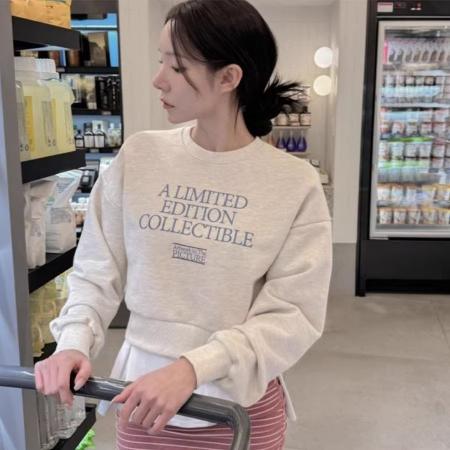 FA56842# 曼巴棉圆领后包领CVC罗口短款收腰圆领印花卫衣女  服裝批發女裝批發服飾貨源