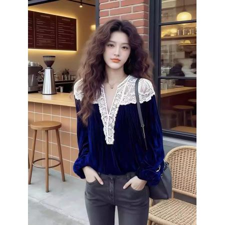 FA56845# 巨好看蓝色蕾丝拼接衬衫女新款设计感高端法式小资丝绒上衣潮  服裝批發女裝批發服飾貨源
