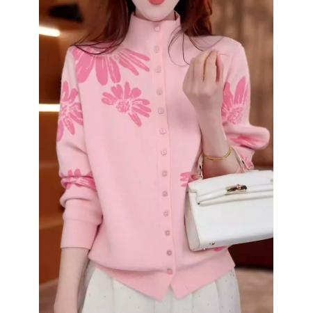 FA56846# 时尚减龄雏菊提花针织开衫女秋冬新款气质百搭显瘦单排扣上衣  服裝批發女裝批發服飾貨源