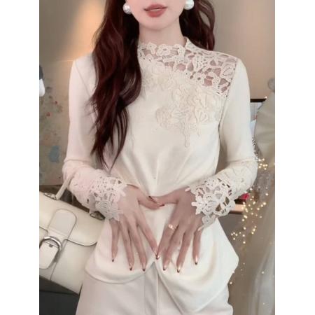 FA56847# 轻奢风蕾丝拼接加绒T恤女春季新款重工不规则收腰打底小上衣  服裝批發女裝批發服飾貨源