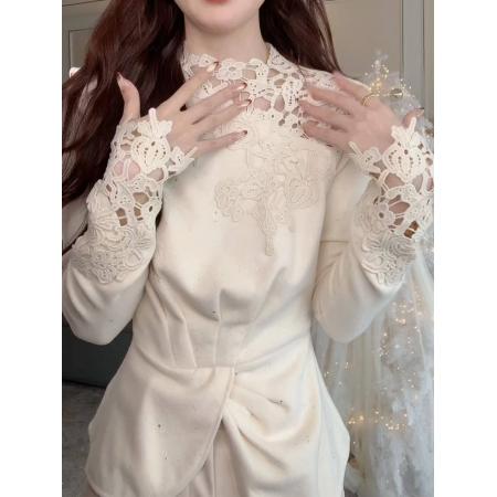 FA56847# 轻奢风蕾丝拼接加绒T恤女春季新款重工不规则收腰打底小上衣  服裝批發女裝批發服飾貨源