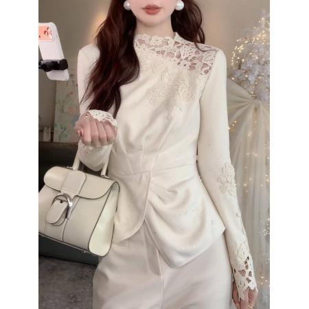 FA56847# 轻奢风蕾丝拼接加绒T恤女春季新款重工不规则收腰打底小上衣  服裝批發女裝批發服飾貨源